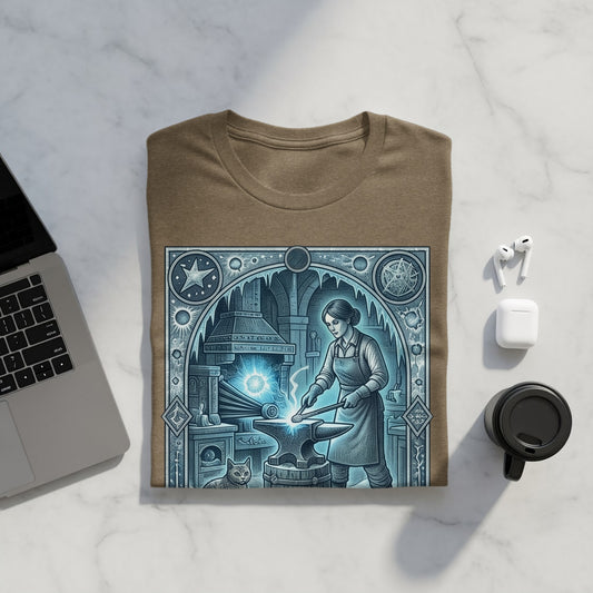 Blacksmith forging metal by hand with cat nearby, detailed illustration on brown t-shirt.