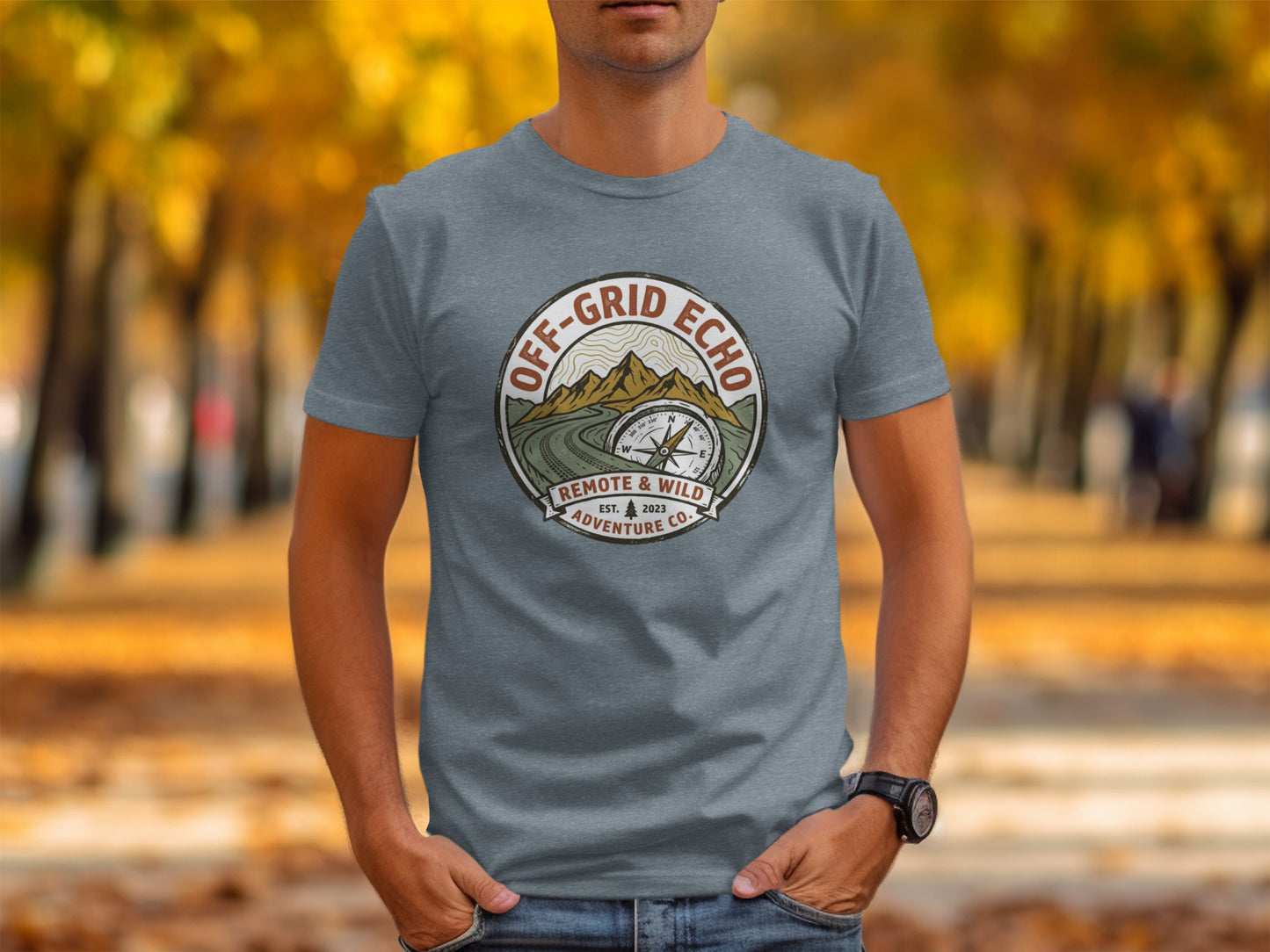 Off-Grid Echo Explorer: The Explorer's Adventure Tee: Gray t-shirt with "Off-Grid Echo Remote & Wild Adventure Co." circular logo.