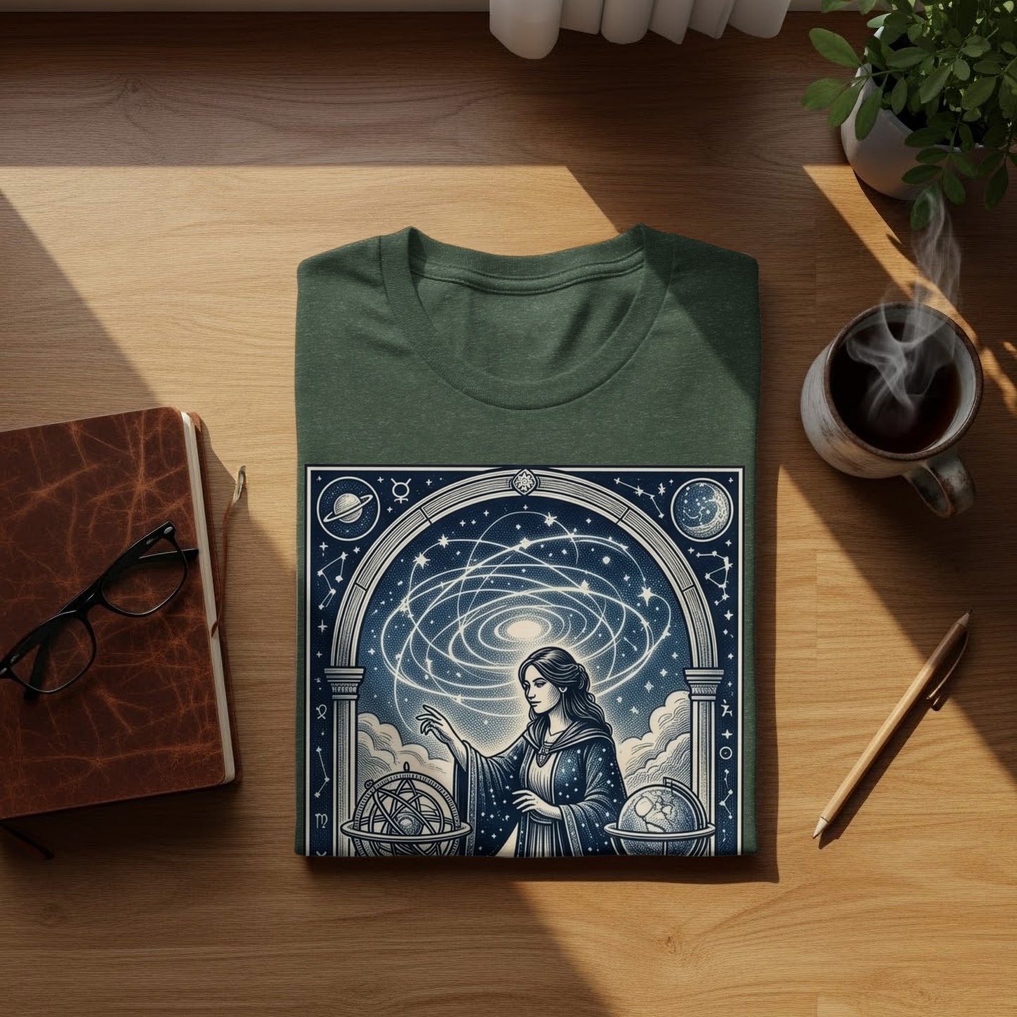 T-shirt with celestial woman, astrolabes, and starry sky design.