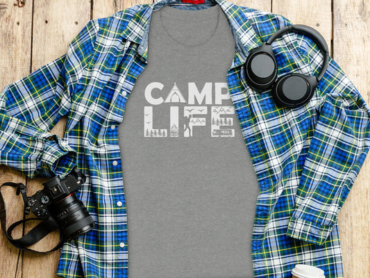 Camp Life Illustration with Tent and Fire Design T-Shirt T-Shirt - Outdoor & Adventure Collection - Mile Marker 16 Gear by Cloud 16 Clothing Co.