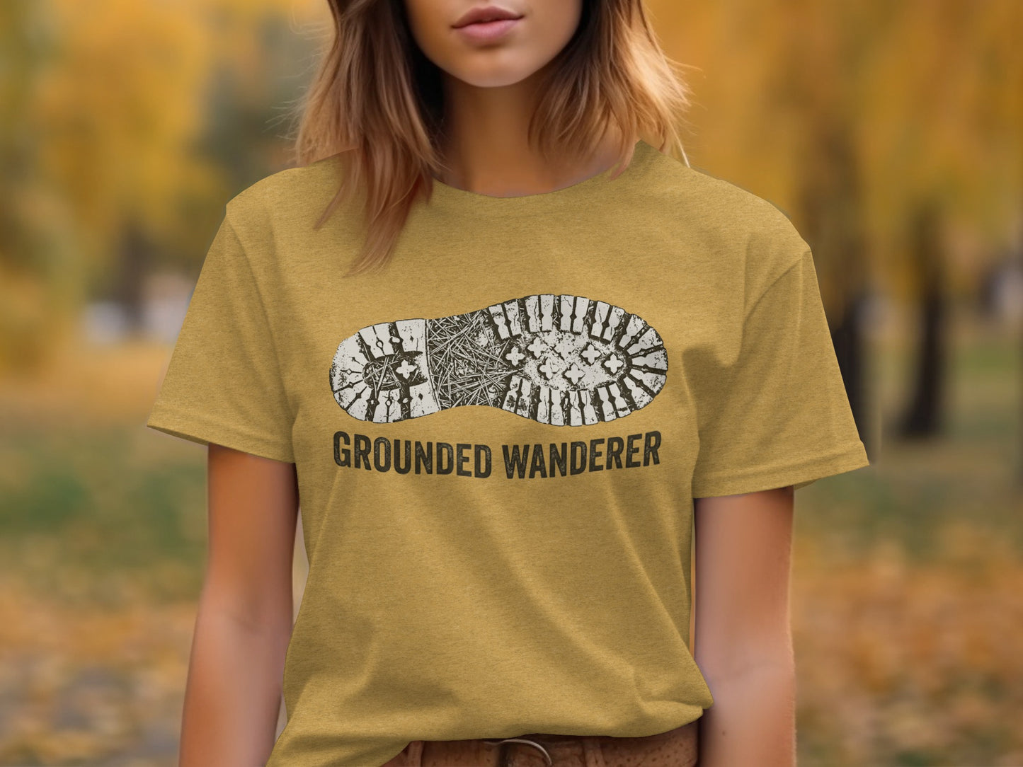Grounded Wanderer Boot Print | Vintage Outdoor Apparel: Yellow t-shirt with a boot print graphic and text "GROUNDED WANDERER".