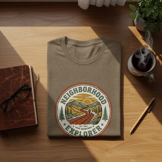 The Original Neighborhood Explorer Adventure Adventure Top: Brown t-shirt with "Neighborhood Explorer Local Adventures" graphic.