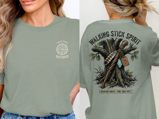 T-shirt with compass graphic and "Take the Detour" on front, "Walking Stick Spirit" and tree graphic on back.