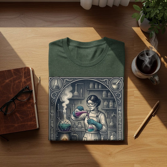 Dark green t-shirt with a detailed scientific illustration of a chemist in a lab.