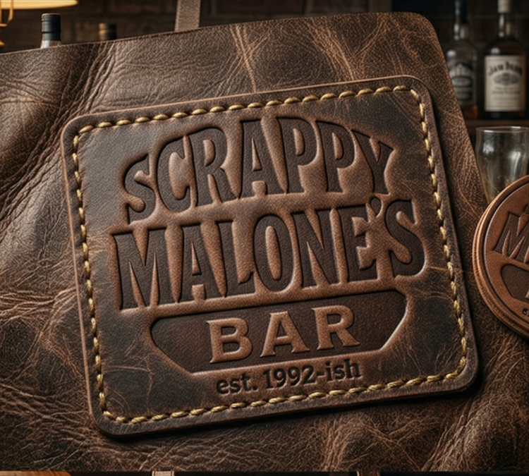 Embossed weathered brown leather patch with 'SCRAPPY MALONE'S' arched over 'BAR' and 'est. 1992-ish'. Textured text and border, heavy-duty brass-colored stitching, on a distressed leather hide with workshop tools in the background