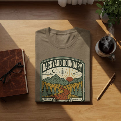 Rugged Backyard Boundary: Explore The Wild Wilderness Shirt: T-shirt with "Backyard Boundary" and "Explore the Wild" text featuring mountain and sun graphics.