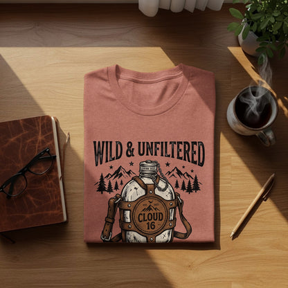 Rugged Wild & Unfiltered Spirit Wilderness Shirt: T-shirt with "Wild & Unfiltered" text and canteen graphic.