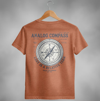 Orange t-shirt with vintage analog compass design and "Lost is a relative term" text.