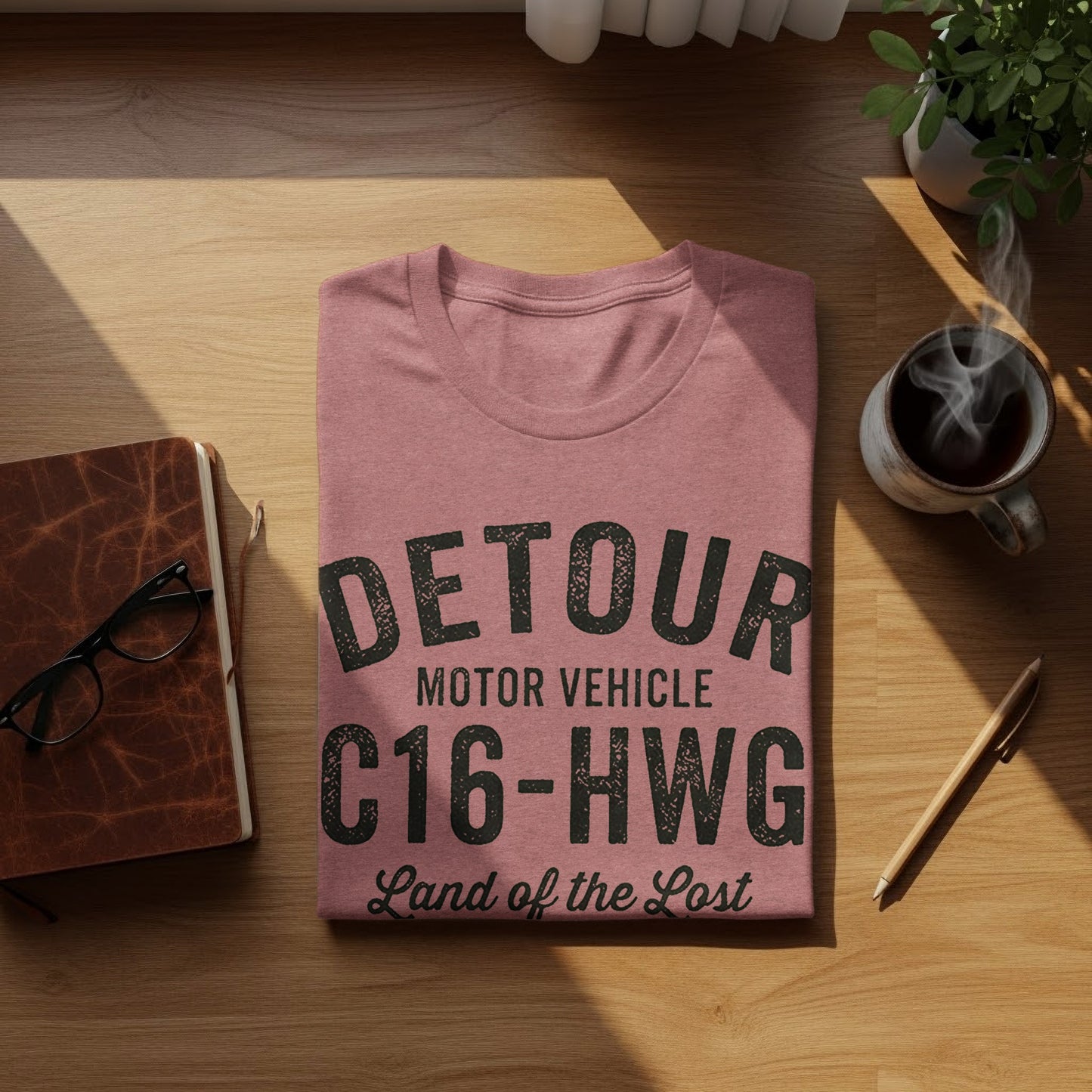 Pink t-shirt with "DETOUR MOTOR VEHICLE C16-HWG Land of the Lost" text.