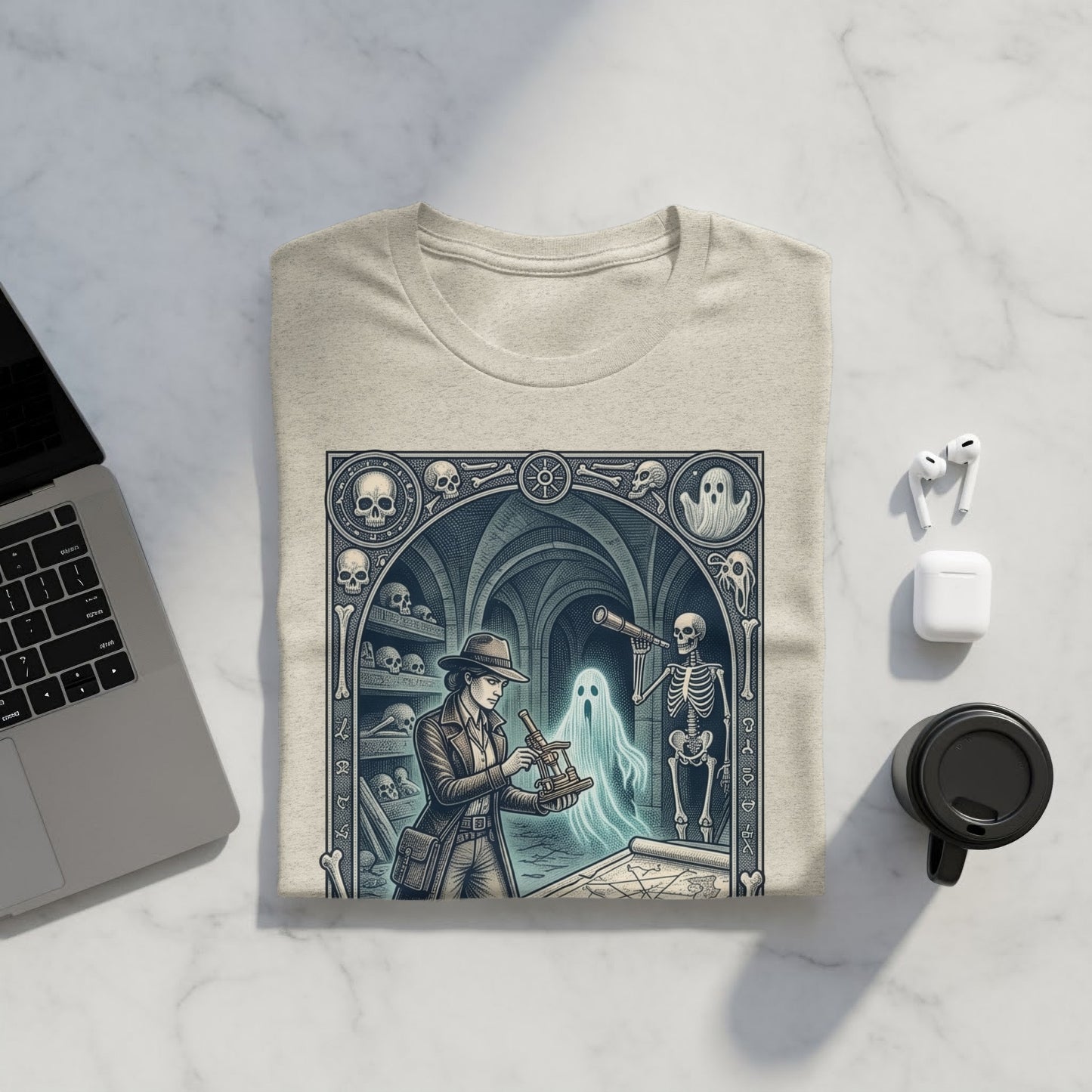 T-shirt with vintage gothic illustration of a skeleton and ghost in a crypt.
