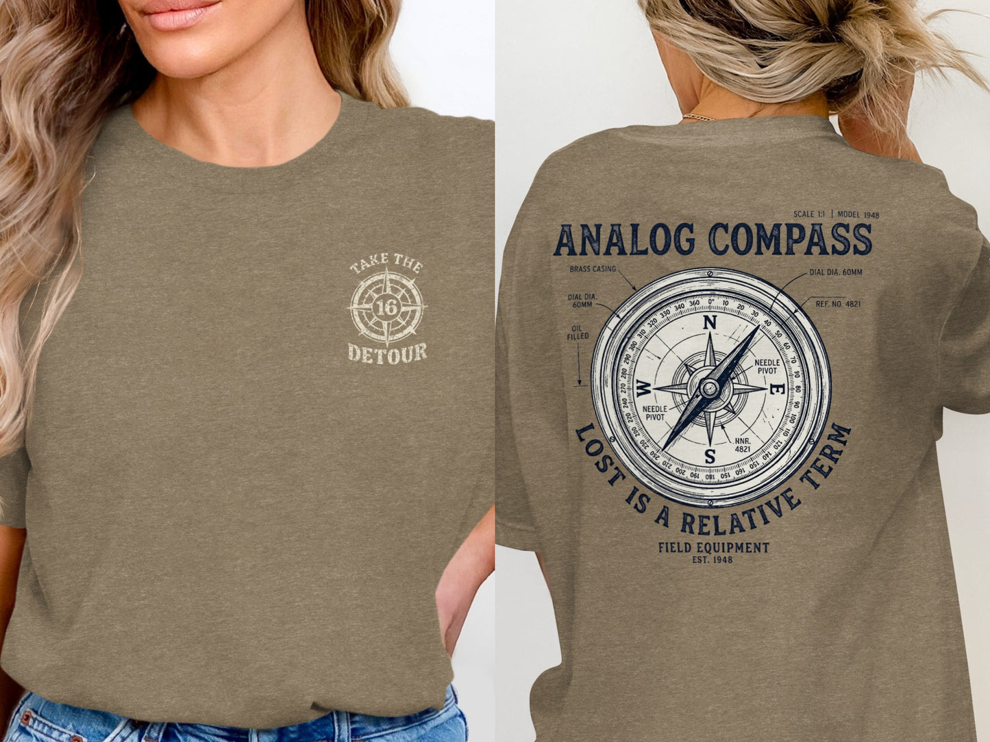 Brown t-shirt with "Analog Compass" and "Lost is a Relative Term" graphics.