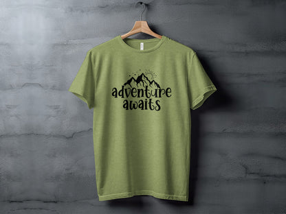 Adventure Awaits With Mountain and Stars Graphic T-Shirt T-Shirt - Outdoor & Adventure Collection - Mile Marker 16 Gear by Cloud 16 Clothing Co.