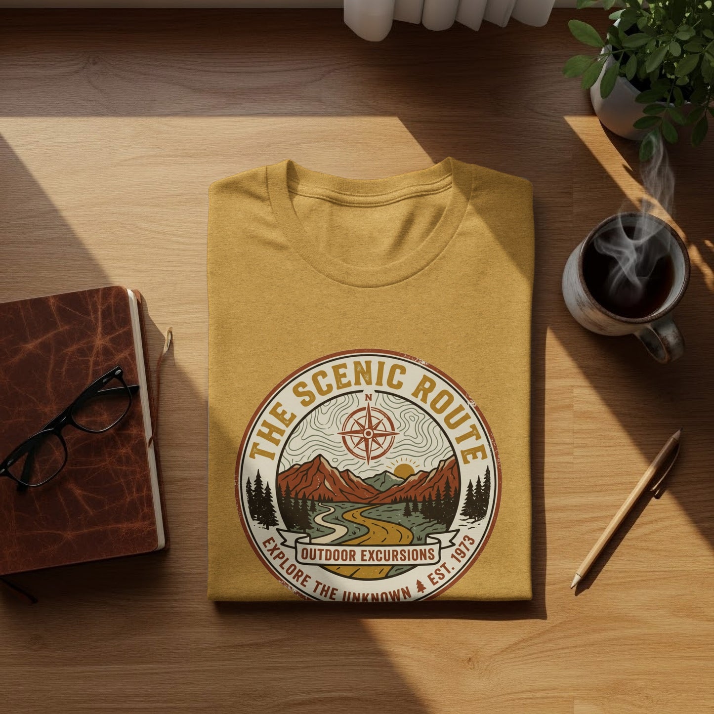 Heritage Scenic Route Vintage Explorer Tee Nomad Tee: Yellow t-shirt with "The Scenic Route Outdoor Excursions" circular logo featuring mountains and sun.