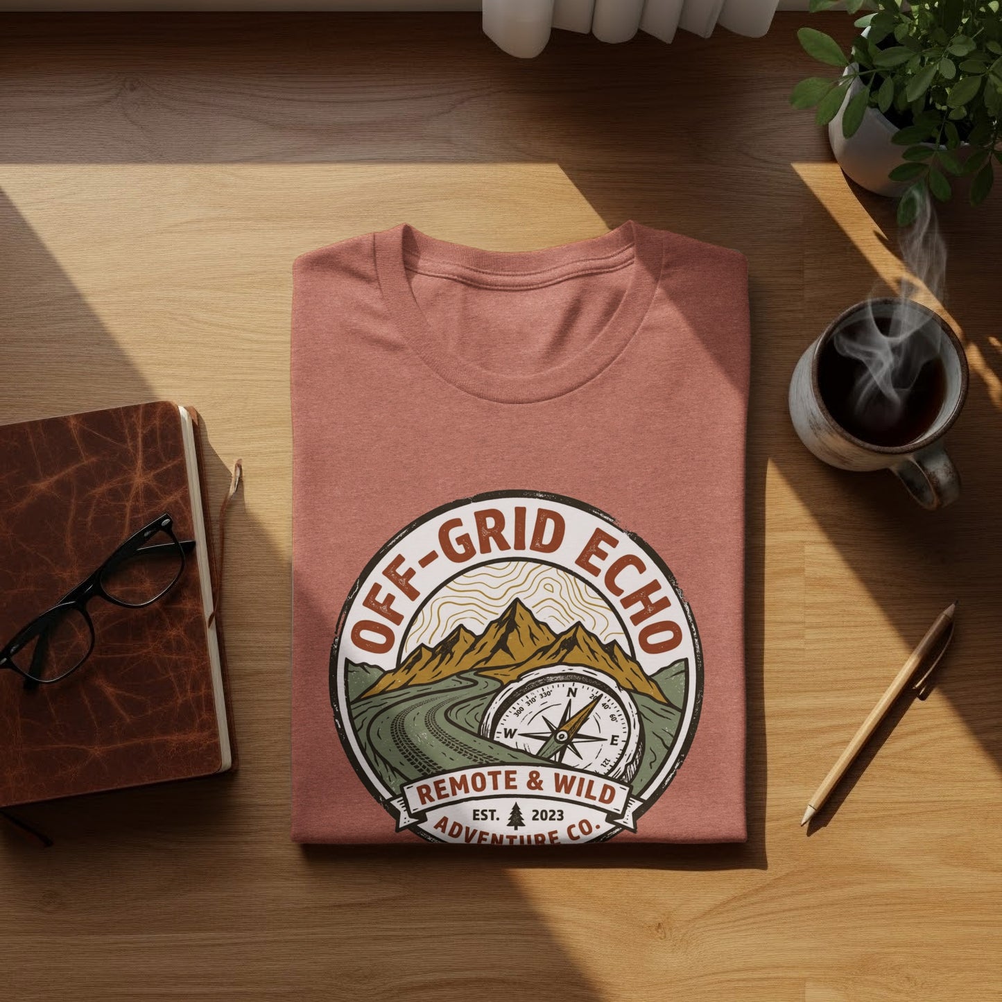 Off-Grid Echo Explorer: The Explorer's Adventure Tee: Off-Grid Echo Remote & Wild Adventure Co. t-shirt with compass graphic.
