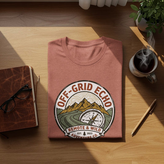 Off-Grid Echo Explorer: The Explorer's Adventure Tee: Off-Grid Echo Remote & Wild Adventure Co. t-shirt with compass graphic.