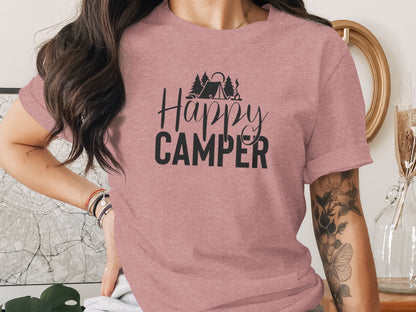 Happy Camper with Trees and Tent Adventure Nature T-Shirt T-Shirt - Outdoor & Adventure Collection - Mile Marker 16 Gear by Cloud 16 Clothing Co.
