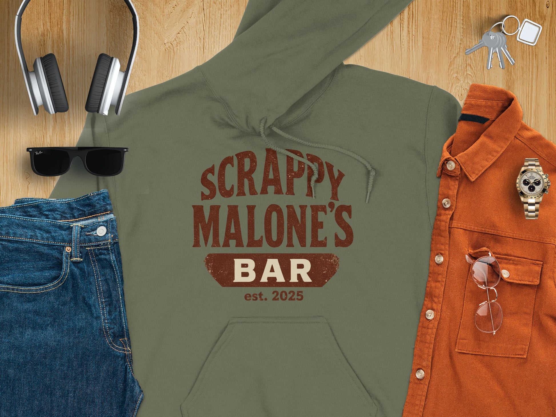 Scrappy Malone's Bar Est 2025 Vintage Style Hoodie - Retro Tavern Design Hoodie - Scrappy Malone's Bar 100-Proof Humor - Cloud 16 Clothing Co.