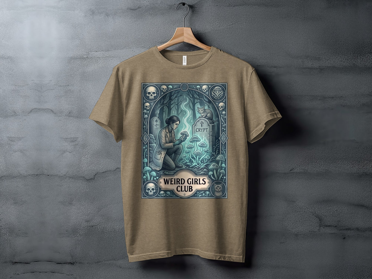 T-shirt graphic with a woman in a lab coat examining mushrooms next to a tombstone.