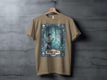 T-shirt graphic with a woman in a lab coat examining mushrooms next to a tombstone.