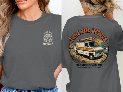 Gray t-shirt with "Take the Detour" graphic on front and van on back.