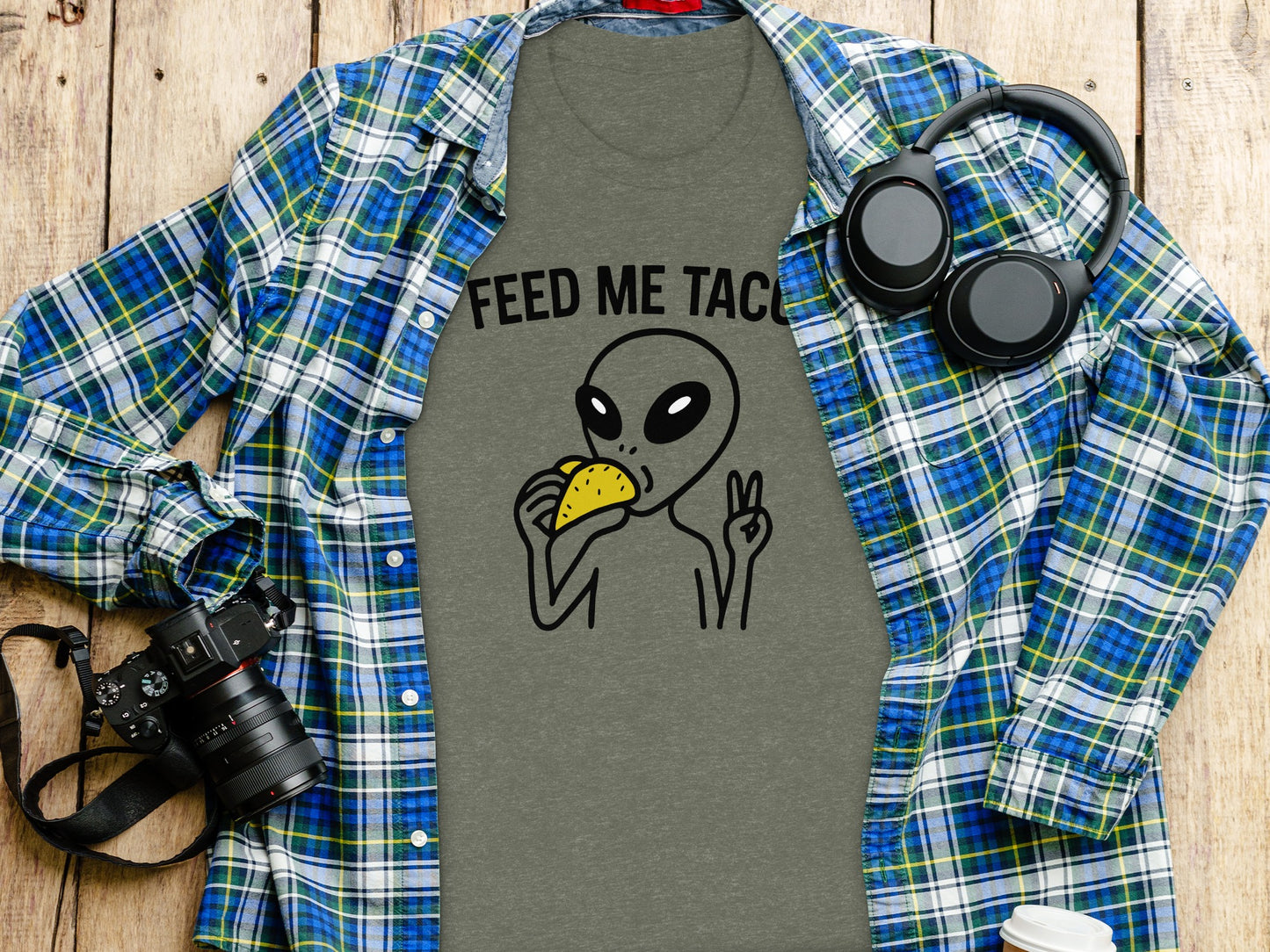 Feed Me Tacos Alien with Peace Sign Graphic Shirt