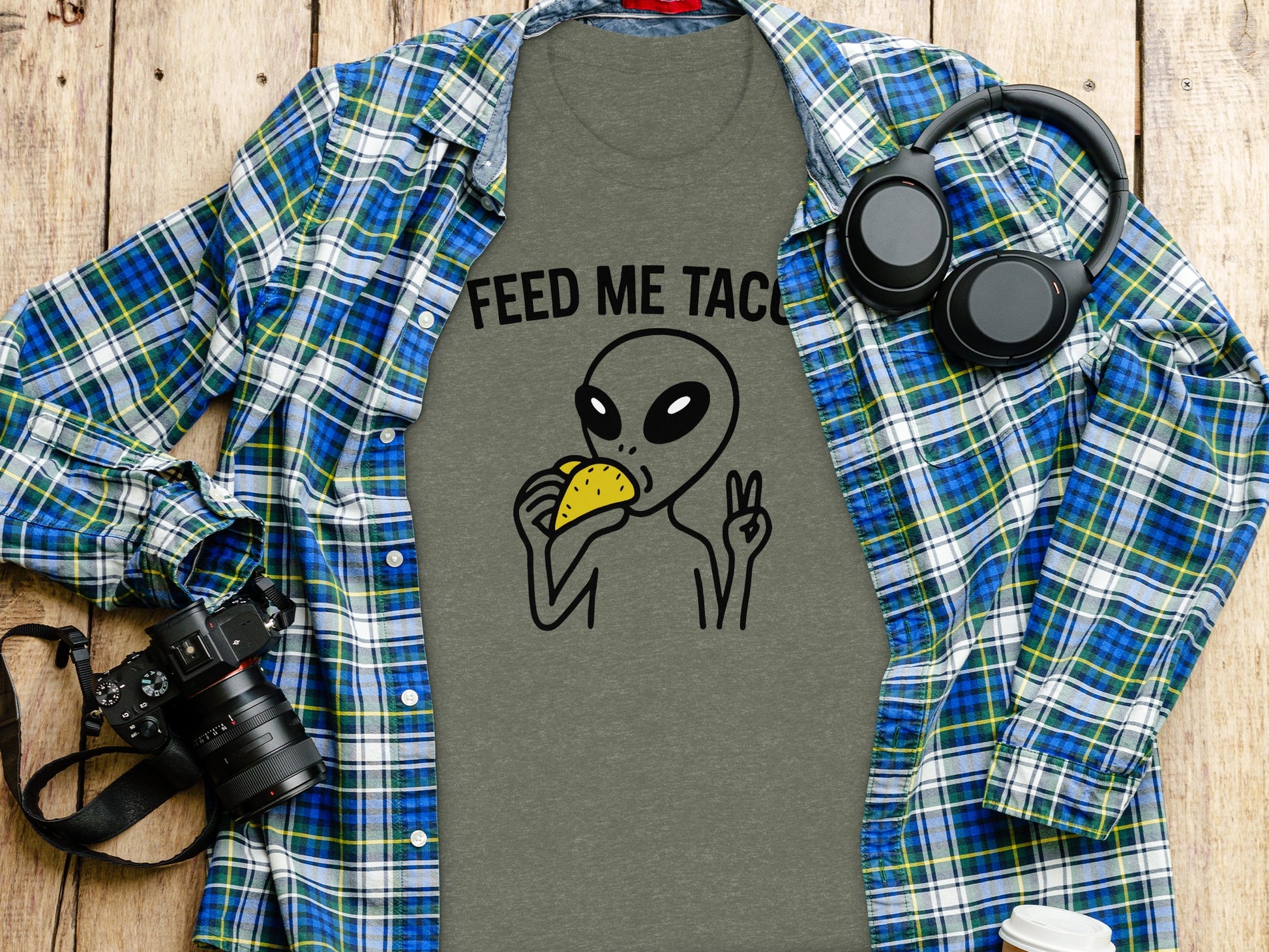 Feed Me Tacos Alien with Peace Sign Graphic Shirt