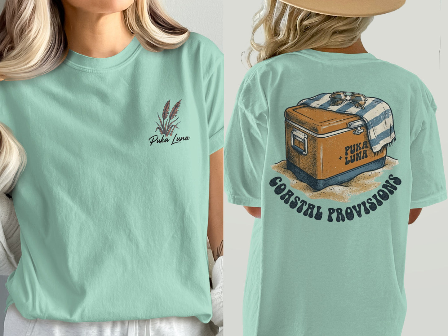 Mint green t-shirt with "Puka Luna" and wheat graphic on front, cooler graphic on back.