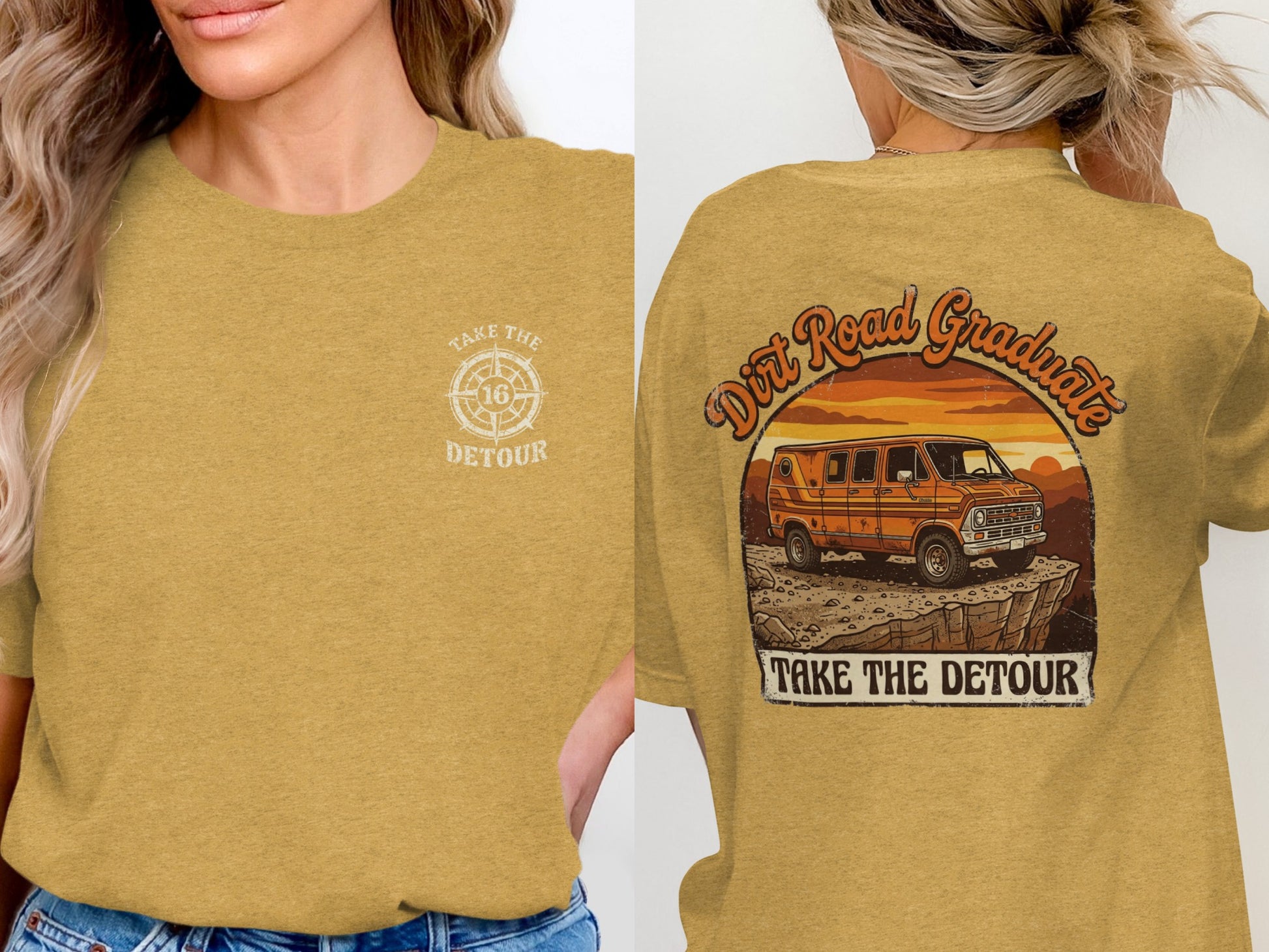 T-shirt with "Take the Detour" logo on front and vintage van graphic on back.