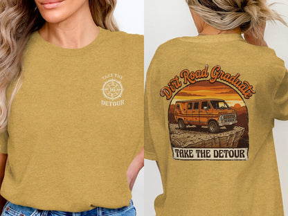 T-shirt with "Take the Detour" logo on front and vintage van graphic on back.