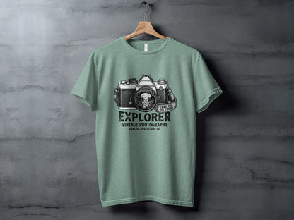 The Analog Explorer's Detour: Backcountry Outpost Shirt: Green t-shirt with vintage camera graphic and text "EXPLORER VINTAGE PHOTOGRAPHY ANALOG ADVENTURE CO."