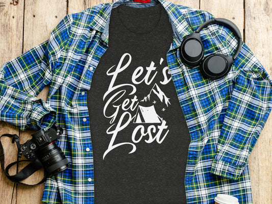 Lets Get Lost Tent and Mountain Graphic Design T-Shirt T-Shirt - Outdoor & Adventure Collection - Mile Marker 16 Gear by Cloud 16 Clothing Co.