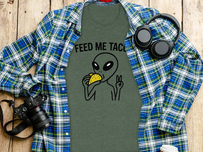 Feed Me Tacos Alien Graphic T-Shirt Fun Design
