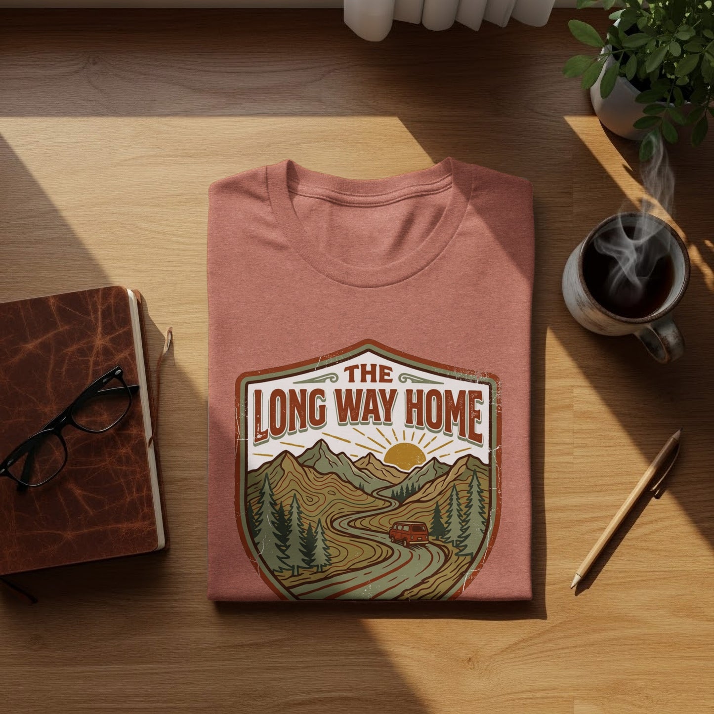 Rugged The Long Way Home | Vintage Adventure Wilderness Shirt: T-shirt with "The Long Way Home" text and mountain road scene.