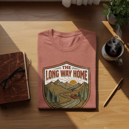 Rugged The Long Way Home | Vintage Adventure Wilderness Shirt: T-shirt with "The Long Way Home" text and mountain road scene.