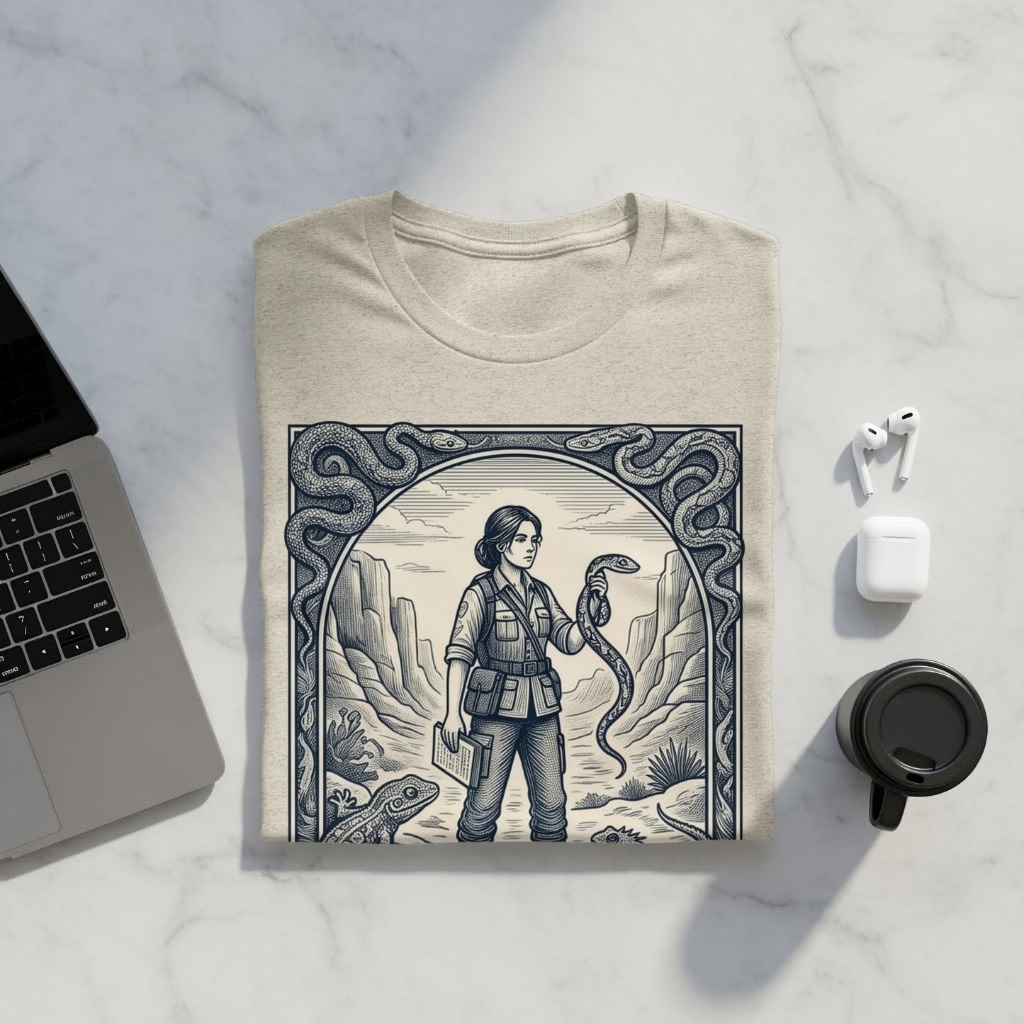 T-shirt with a naturalist holding a snake, surrounded by desert motifs.