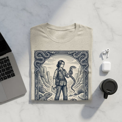 T-shirt with a naturalist holding a snake, surrounded by desert motifs.