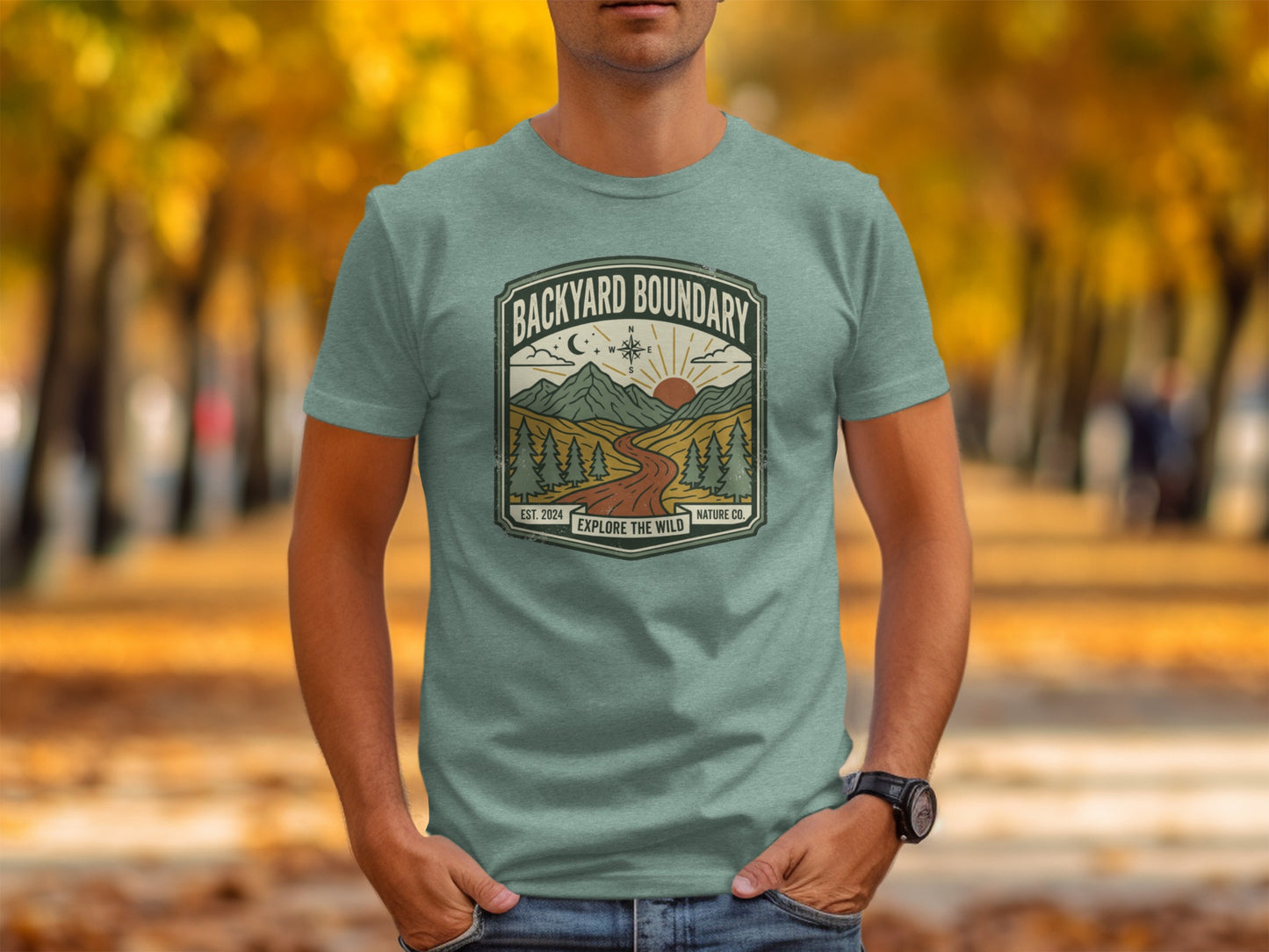 Rugged Backyard Boundary: Explore The Wild Wilderness Shirt: Backyard Boundary graphic t-shirt with mountain landscape and sunset design.
