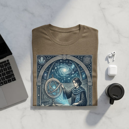 Brown t-shirt with celestial art featuring a woman and an armillary sphere.