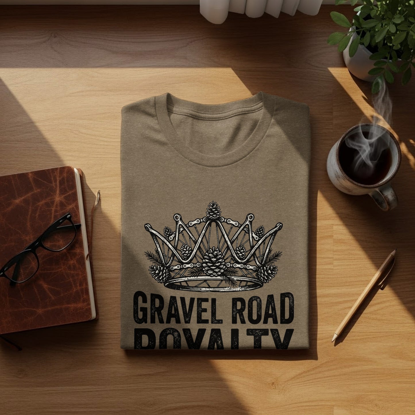 Gravel Road Royalty: Backcountry Outpost Shirt: Brown t-shirt with a crown graphic and "Gravel Road Royalty" text.
