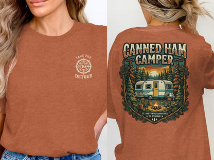 Brown t-shirt with "Take the Detour" and camper graphic on front, and "Canned Ham Camper" on back.