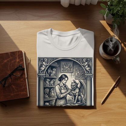 White t-shirt with a detailed black and white illustration of a sculptor and a gargoyle.