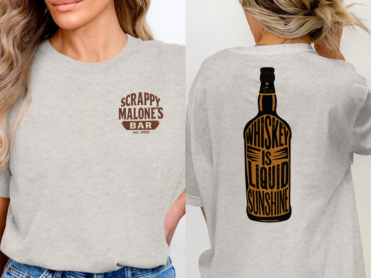 Whiskey Is Liquid Sunshine Bottle Design Graphic T-Shirt T-shirt - Scrappy Malone's Bar 100-Proof Humor - Cloud 16 Clothing Co.