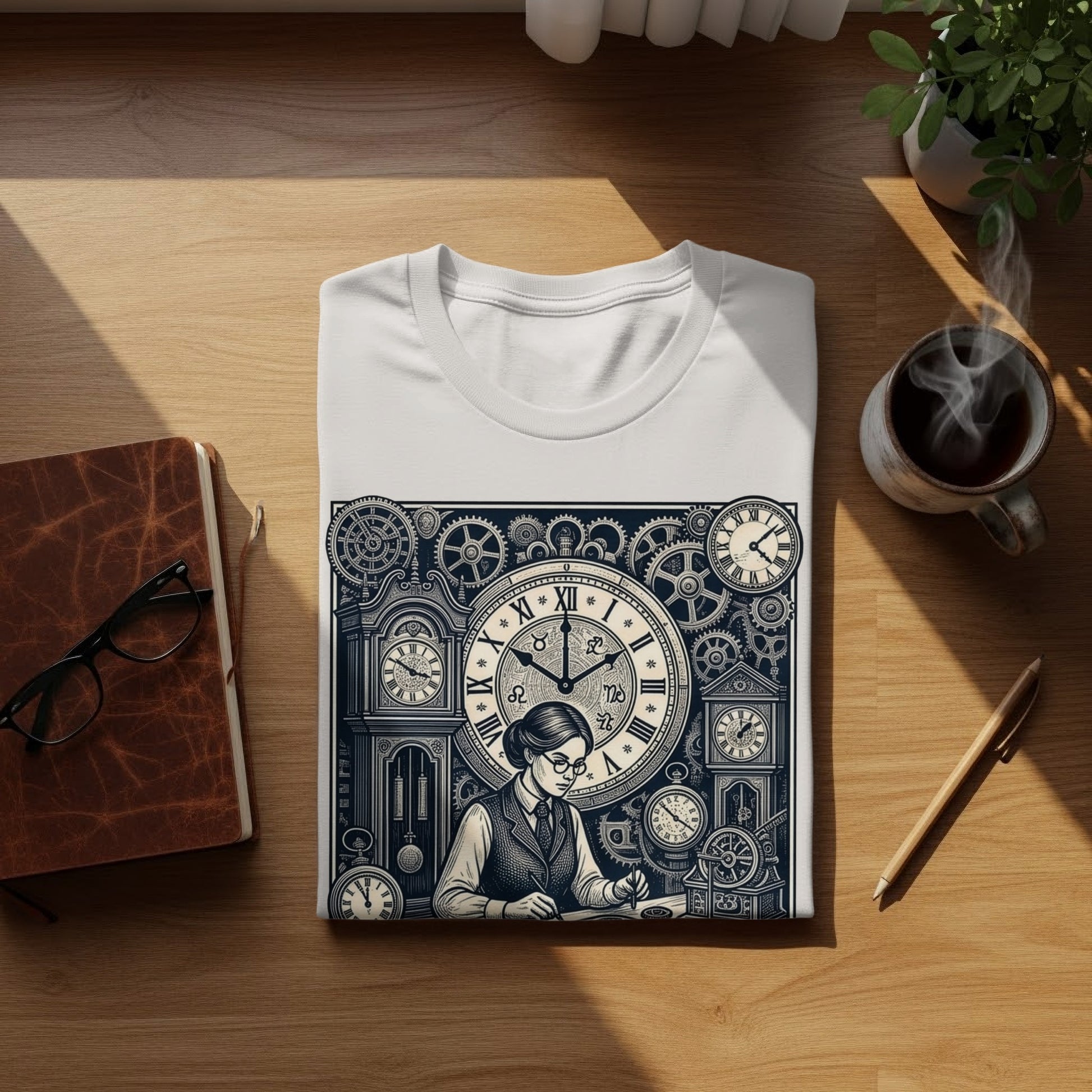 White t-shirt with steampunk clock illustration featuring a woman and gears.