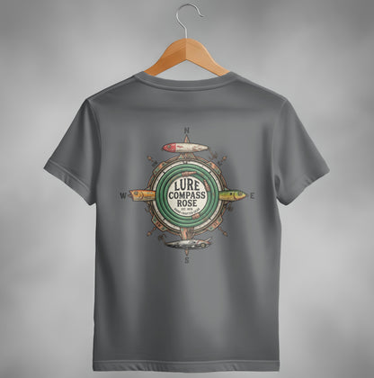 Gray t-shirt with a "Lure Compass Rose" graphic featuring fishing lures and compass directions.