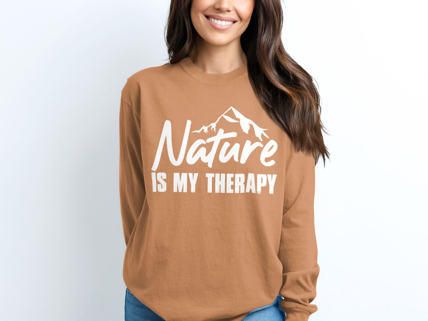 Nature Is My Therapy Mountain Graphic Text Long Sleeve T-Shirt Long Sleeve Tee - Outdoor & Adventure Collection - Mile Marker 16 Gear by Cloud 16 Clothing Co.