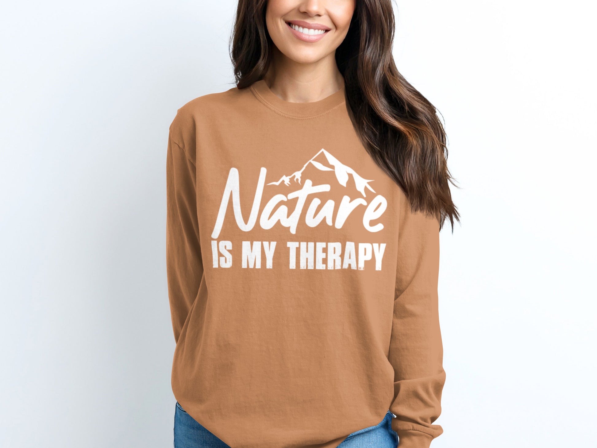 Nature Is My Therapy Mountain Graphic Text Long Sleeve T-Shirt Long Sleeve Tee - Outdoor & Adventure Collection - Mile Marker 16 Gear by Cloud 16 Clothing Co.