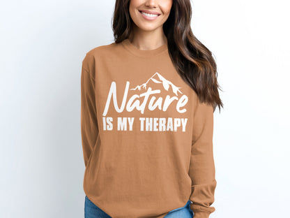 Nature Is My Therapy Mountain Graphic Text Long Sleeve T-Shirt Long Sleeve Tee - Outdoor & Adventure Collection - Mile Marker 16 Gear by Cloud 16 Clothing Co.