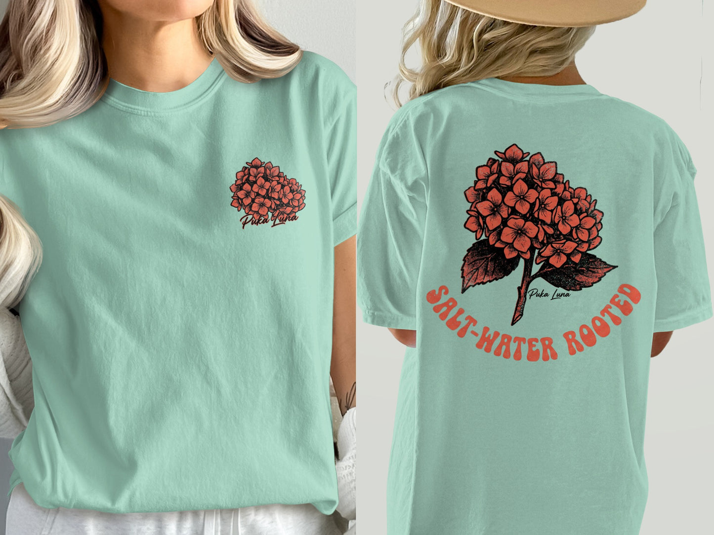 Mint green t-shirt with coral hydrangea graphic and text.