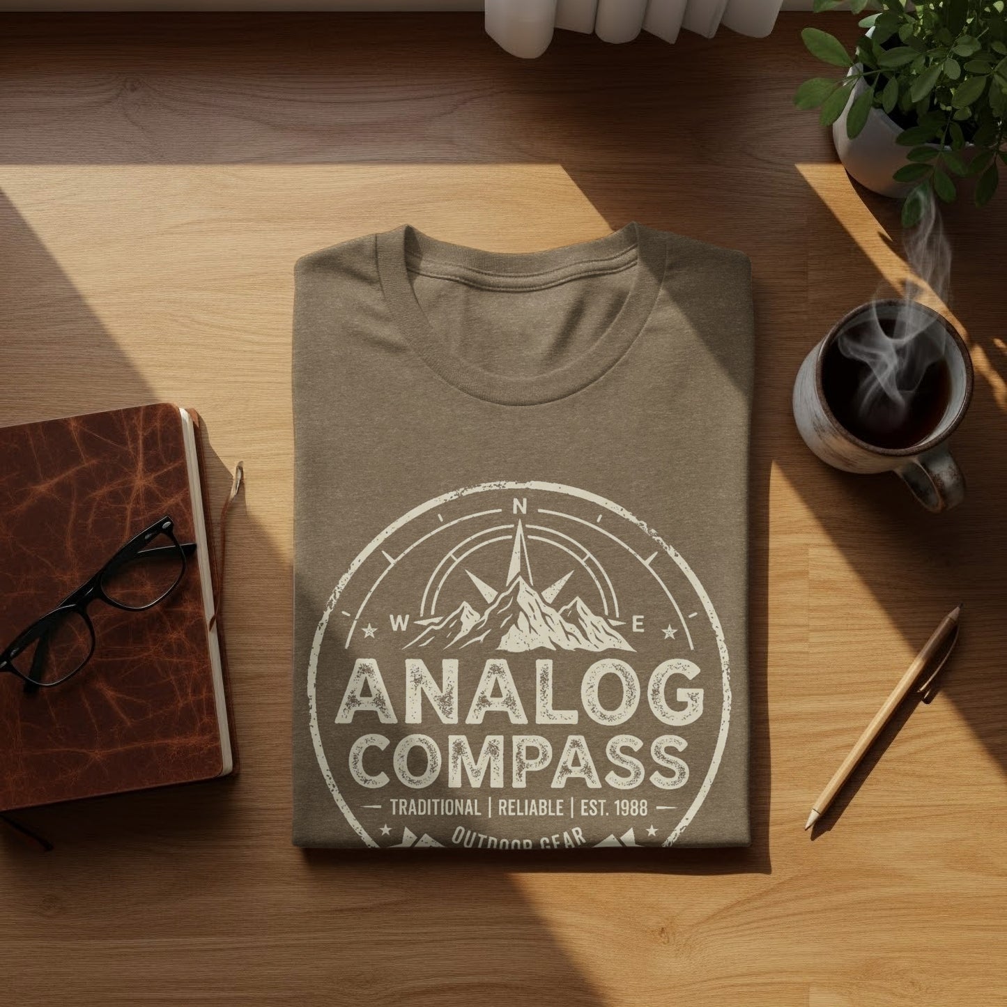 Analog Compass Heritage: The Explorer's Adventure Tee: Brown t-shirt with "Analog Compass" logo and compass design.