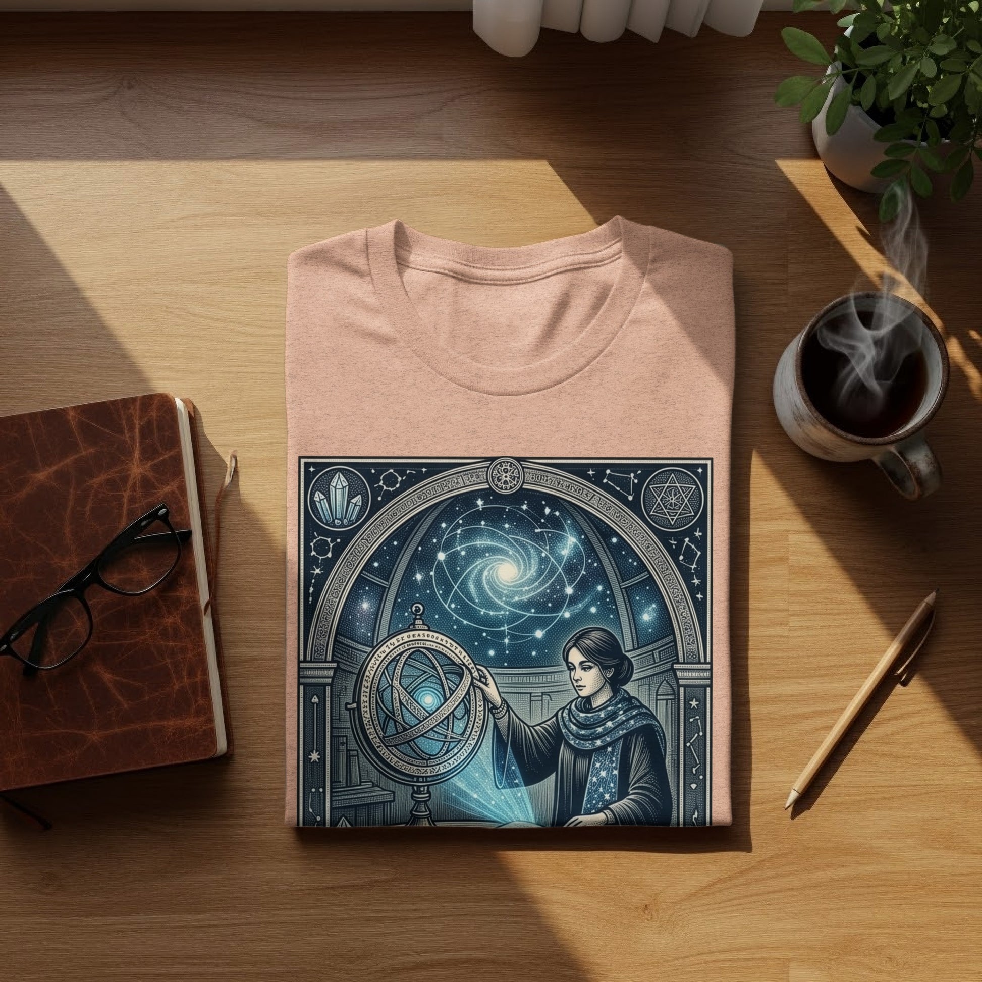 Pink t-shirt with woman and celestial observatory design.